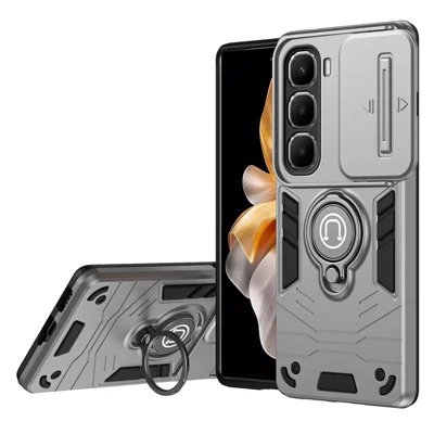 For Infinix Hot 60 5G Case Slide Camshield Kickstand PC + TPU Phone Cover - Grey