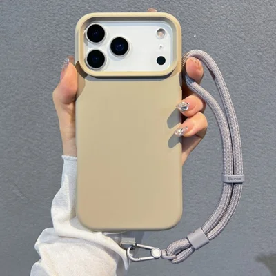 For iPhone 18 Pro Max / 17 Pro Max Case Soft Microfiber Lining Liquid Silicone + PC Phone Cover with Wrist Strap - Grey
