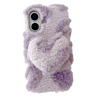 For iPhone 17 Case 3D Heart Plush Winter Warm Soft TPU Phone Cover - Purple