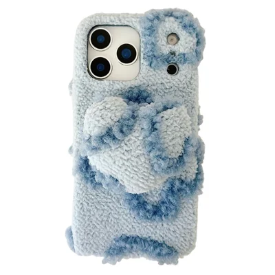 For iPhone 17 Pro Case 3D Heart Plush Winter Warm Soft TPU Phone Cover - Blue