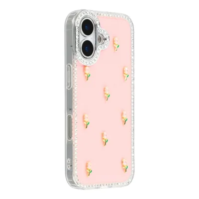 For iPhone 16 Case Rhinestone Edge Small Tulips Decor TPU + PC IMD Phone Cover - Glitter Light Pink