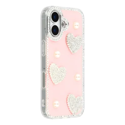 For iPhone 17 Case Rhinestone Edge Pearl Love Decor TPU + PC IMD Phone Cover - Glitter Light Pink