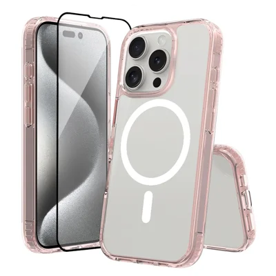 Hoesje voor iPhone 16 Pro, compatibel met MagSafe, transparant hoesje van PC + TPU met gehard glas schermbeschermer - Roze