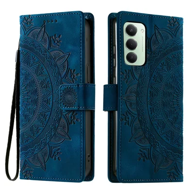 For Xiaomi Redmi 15 5G (EU) (171mm)  /  4G (EU) (171mm) Case Imprinted Totem Skin Feel Wallet Leather Phone Cover with Hand Strap - Blue