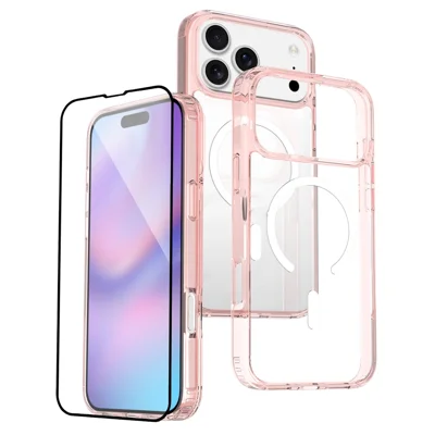 For iPhone 17 Pro Max Case Compatible with MagSafe PC + TPU Clear Phone Cover with Tempered Glass Screen Protector - Pink