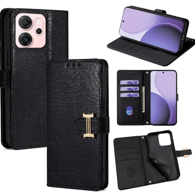 Voor Oppo Reno14 F 5G Hoesje Metaal I-Sluiting PU Leer Portemonnee Telefoonhoes - Zwart