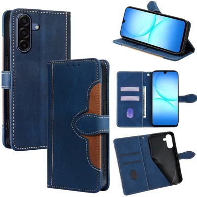 For Samsung Galaxy A18 5G / A18 4G / A17 5G / A17 4G Case Leather Wallet Phone Cover with Straw Hat Magnetic Clasp - Blue