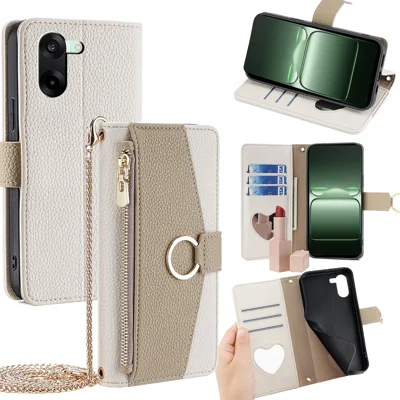 For OnePlus Nord CE5 5G / Ace 5 Racing 5G Case Mirror Wallet Leather Phone Cover with Chain Shoulder Strap - White
