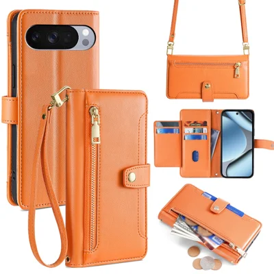 For Google Pixel 10 Pro XL Leather Case Zipper Pocket Wallet Phone Cover with 2 Straps - Orange