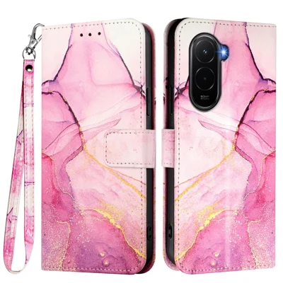 For Xiaomi Poco M7 Plus 5G / M7 4G (169mm) Case with Strap Marble Pattern Leather Phone Cover Card Holder - Pink / Purple / Gold LS001