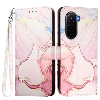 For Xiaomi Poco M7 Plus 5G / M7 4G (169mm) Case with Strap Marble Pattern Leather Phone Cover Card Holder - Rose Gold LS005