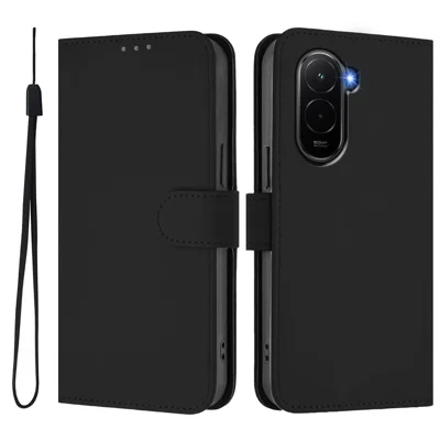 For Xiaomi Poco M7 Plus 5G / M7 4G (169mm) Case Solid Color Wallet Leather Phone Cover with Strap - Black