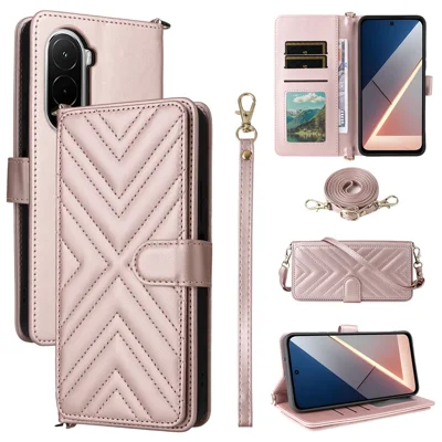 For Xiaomi Poco M7 Plus 5G / Poco M7 4G (169mm) Case with Shoulder  /  Wrist Strap Leather Phone Cover Stand Wallet - Pink