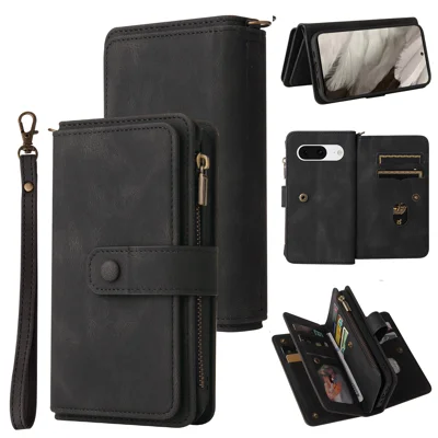 For Google Pixel 8 Zipper Wallet Case with 15 Card Slots and Strap Leather Phone Cover - Black