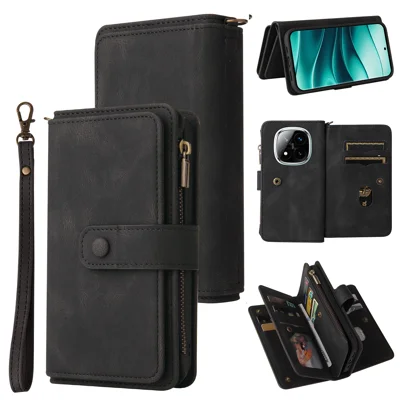 For Xiaomi Redmi Note 14 Pro+ 5G / Xiaomi Poco X7 5G / Xiaomi Redmi Note 14 Pro 5G Zipper Wallet Case with 15 Card Slots and Strap Leather Phone Cover - Black