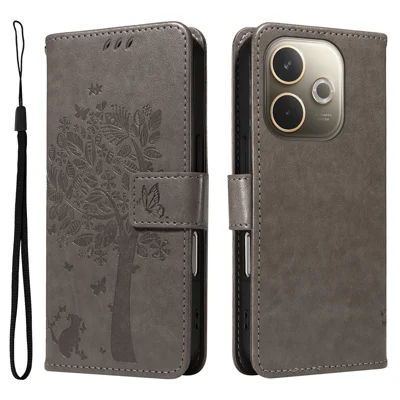 For Oppo A5 Energy 5G (China) / Oppo A5 Pro 4G (Global) Phone Case with Stand Cat Tree Pattern Leather Wallet Mobile Cover - Grey
