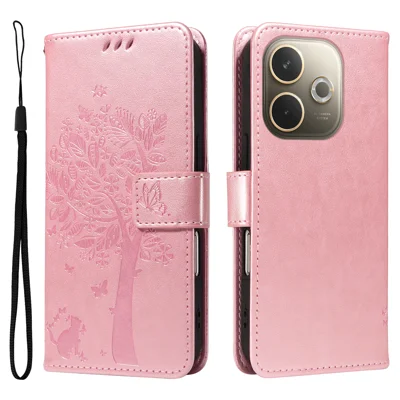 For Oppo A5 Energy 5G (China) / Oppo A5 Pro 4G (Global) Phone Case with Stand Cat Tree Pattern Leather Wallet Mobile Cover - Rose Gold