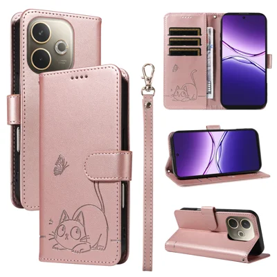 Fodral för Oppo A5 Energy 5G (Kina) / Oppo A5 Pro 5G (Global), mönster av lyckokatt i läder med handledsband - Rosenbronse