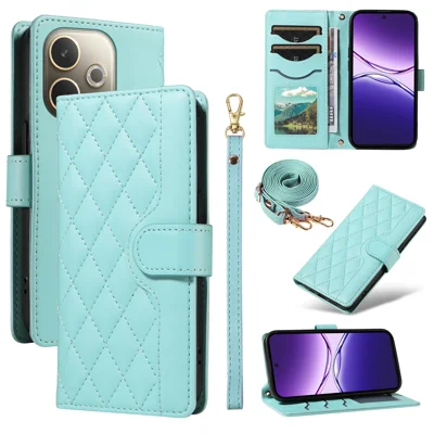 For Oppo A5 Energy 5G (China) / Oppo A5 Pro 4G (Global) Wallet Case Rhombus Leather Phone Cover with Strap - Green