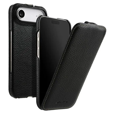 MELKCO For iPhone Air Case Compatible with MagSafe Vertical Flip Genuine Cow Leather + PC Phone Cover - Black