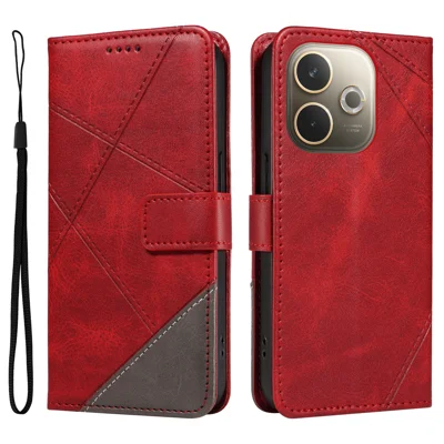 For Oppo A5 Energy 5G (China) / Oppo A5 Pro 4G (Global) Leather Case Geometric Line Design Wallet Phone Cover with Wrist Strap - Red