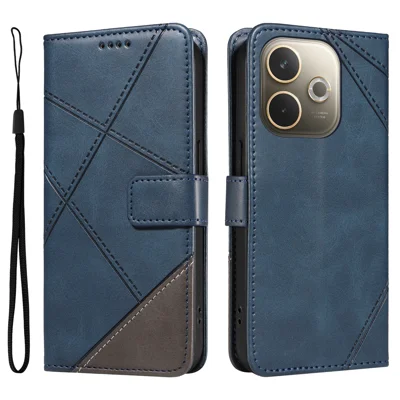 For Oppo A5 Energy 5G (China) / Oppo A5 Pro 4G (Global) Leather Case Geometric Line Design Wallet Phone Cover with Wrist Strap - Blue