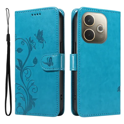 For Oppo A5 Energy 5G (China) / Oppo A5 Pro 4G (Global) PU Leather Cases Flower Pattern Wallet Stand Phone Cover with Strap - Blue