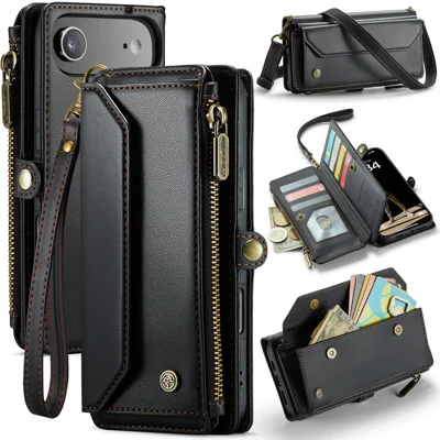 For iPhone Air Leather Case CASEME C36 Zipper 10 Card Slots Phone Cover with Straps - Sort