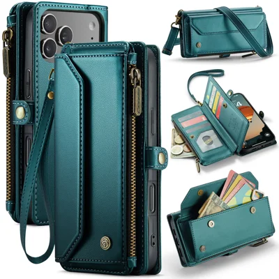 For iPhone 17 Pro Max Leather Case CASEME C36 Zipper 10 Card Slots Phone Cover with Straps - Groen