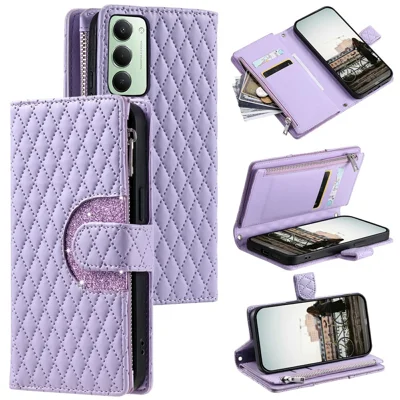 For Xiaomi Redmi 15 5G (Global) (169mm) Case Zipper Pocket Glitter Leather Phone Cover with Wrist Strap - Purple