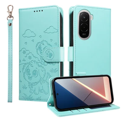 For Xiaomi Poco M7 4G (169mm) Case RFID Blocking Imprinted Dog Pattern PU Leather Phone Cover with Wrist Strap - Green