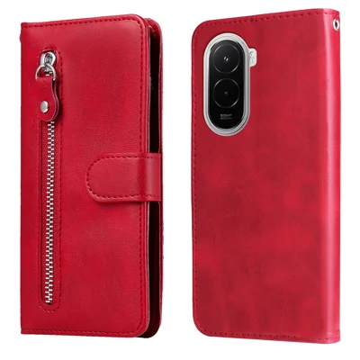 For Xiaomi Poco M7 4G (169mm) PU Leather Cases with Zipper Pocket Wallet Phone Cover Stand - Red