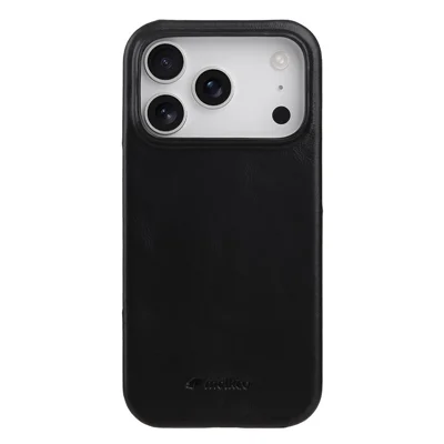 MELKCO For iPhone 17 Pro Case Compatible with MagSafe Waxy Genuine Cow Leather PC Phone Back Cover - Black