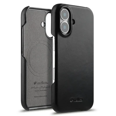 MELKCO For iPhone 17 Case Compatible with MagSafe Waxy Genuine Cow Leather PC Phone Back Cover - Black