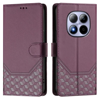 Xiaomi Redmi Note 15 Pro 5G hoesje met imitatie lederen zool en bijgedrukt honingraatpatroon, RFID-blokkering, met riem - Donkerpaars