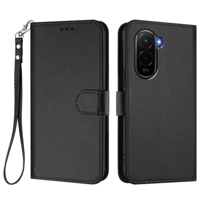 For Xiaomi Poco M7 Plus 5G / M7 4G (169mm) Leather Case Wallet Stand Phone Cover with Wrist Strap - Black