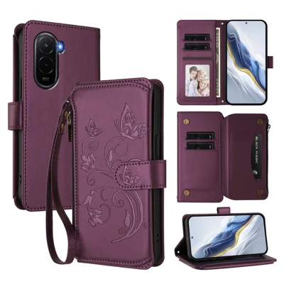For Xiaomi Poco M7 Plus 5G / M7 4G (169mm) Leather Case Butterfly Floral Imprint Zipper Wallet Stand Cover with Wrist Strap - Purple