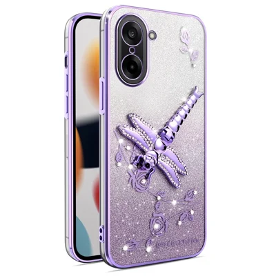 KADEM Obudowa na OnePlus Ace 5 Racing 5G / Nord CE5 5G z motywem ważki, podstawką, TPU, brokatem, z kwiatami - fioletowa