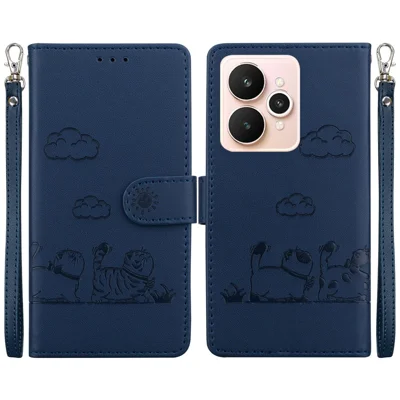 For Realme 15 Pro 5G  /  15 5G Case RFID Blocking Kitten Pattern TPU + PU Leather Phone Cover with Wrist Strap - Blue