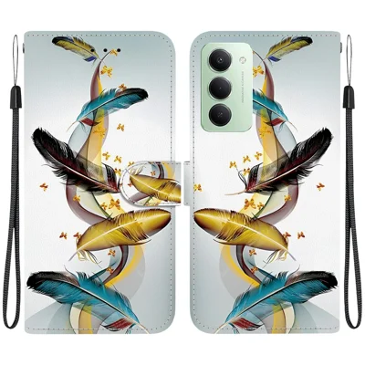 For Xiaomi Redmi 15 4G (EU) (171mm) Case Pattern Printing Leather Wallet Phone Cover with Lanyard - Golden Butterfly Feather