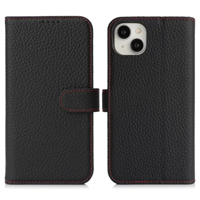 For iPhone 13 mini Stand Case Litchi Texture Genuine Cow Leather Wallet Phone Cover RFID Blocking - Black / Red
