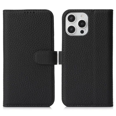 For iPhone 13 Pro Stand Case Litchi Texture Genuine Cow Leather Wallet Phone Cover RFID Blocking - Black