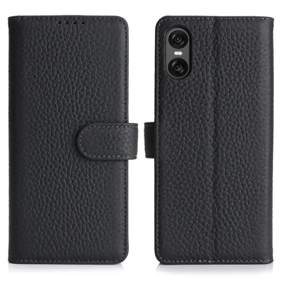 For Sony Xperia 10 VI Stand Case Litchi Texture Genuine Cow Leather Wallet Phone Cover RFID Blocking - Black