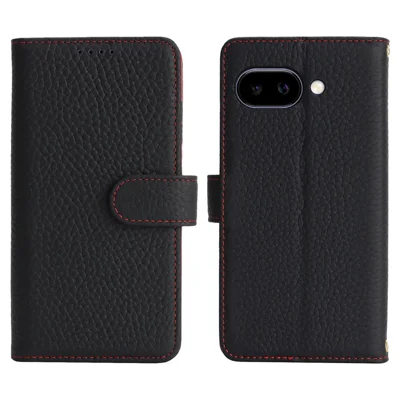 For Google Pixel 9a Stand Case Litchi Texture Genuine Cow Leather Wallet Phone Cover RFID Blocking - Black / Red