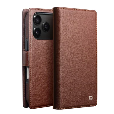 QIALINO For iPhone 17 Pro Max Detachable Wallet Case Compatible with MagSafe Genuine Cow Leather Phone Cover - Brown
