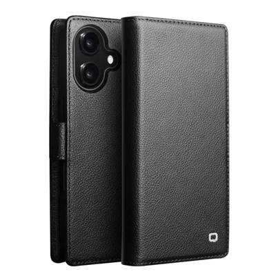 QIALINO For iPhone 17 Case Compatible with MagSafe Detachable Genuine Cow Leather Wallet Phone Cover - Black