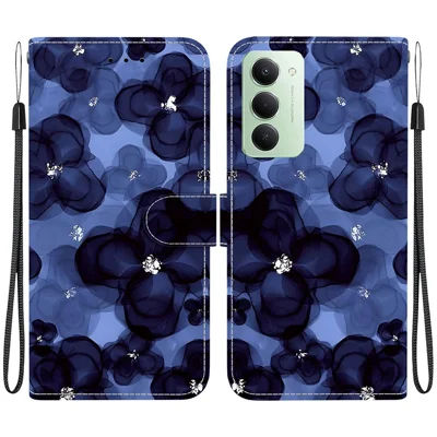 For Xiaomi Redmi 15 4G (EU) (171mm) Wallet Case Pattern Printing Leather Stand Phone Cover with Strap - Ink Blue Flower
