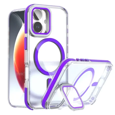 For iPhone 17 Magnetic Case TPU Acrylic Clear Phone Back Cover with Lens Protector Kickstand - Purple