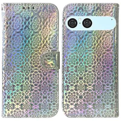 Etui z podstawką do Sony Xperia 10 VII, skórzane etui z motywem błyszczących kwiatów i opaską na nadgarstek - szare