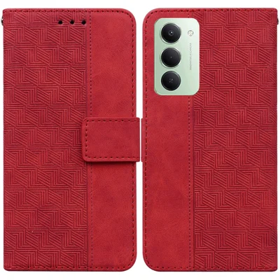 For Xiaomi Redmi 15 4G (EU) (171mm) Case Geometry Pattern Leather Wallet Phone Cover with Wrist Strap - Red